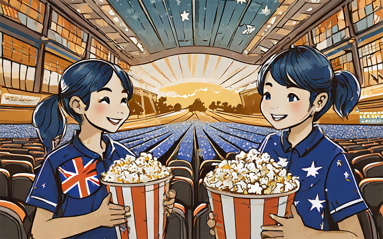 Image of two girls with popcorn at the movies